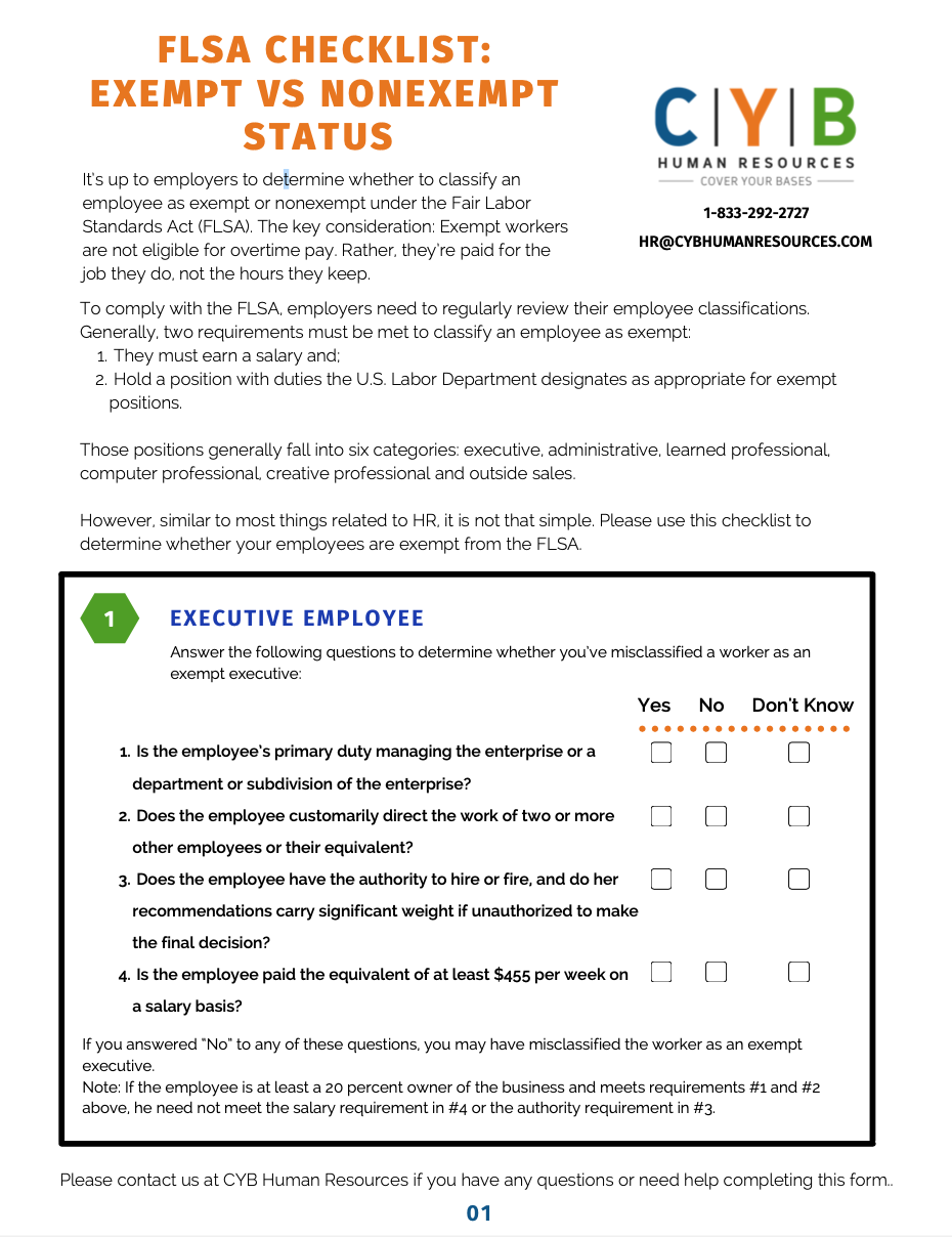 FLSA Checklist Exempt Vs Non exempt Checklist
