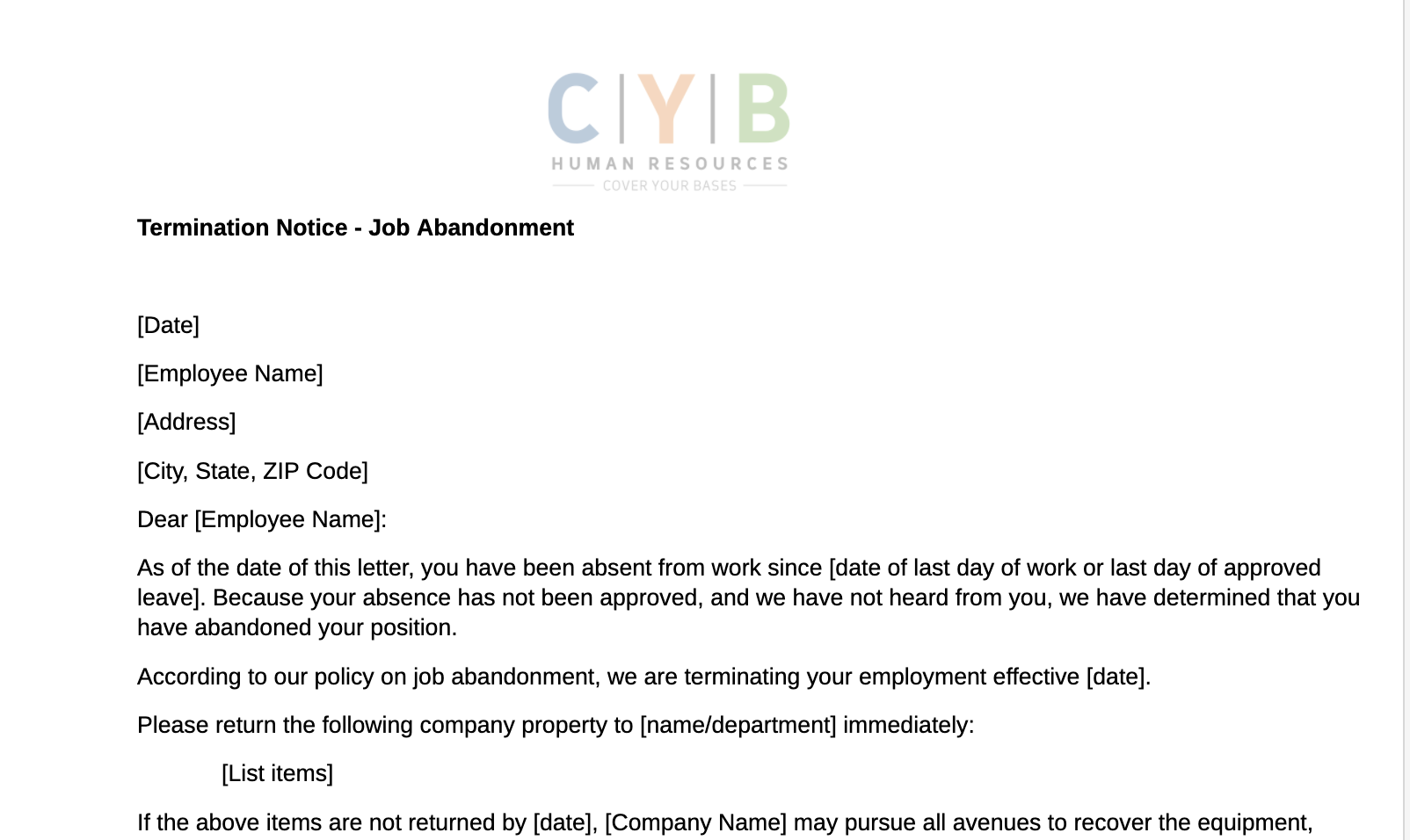 Termination Notice Job Abandonment CYB Human Resources